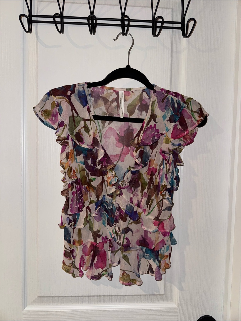 Anthropologie Sheer Floral Ruffle Blouse in Pink, Purple, Green, Blue, Tan